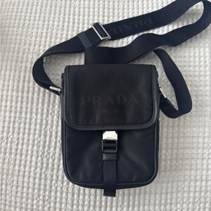 Prada Black Leather and Re-Nylon Flap Messenger Bag